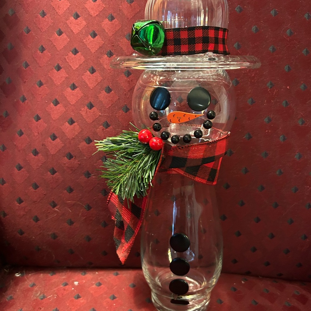 Festive Glass Snowman with Red Plaid Accents